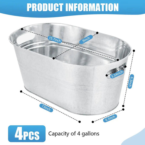 Quad Pack Four Gallon Galvanized Ice Buckets With Heavy Duty Carry Handles For Beers Wines Cocktails And More Rust Proof Leak Proof Metal Cooler Tubs shown with dimensions