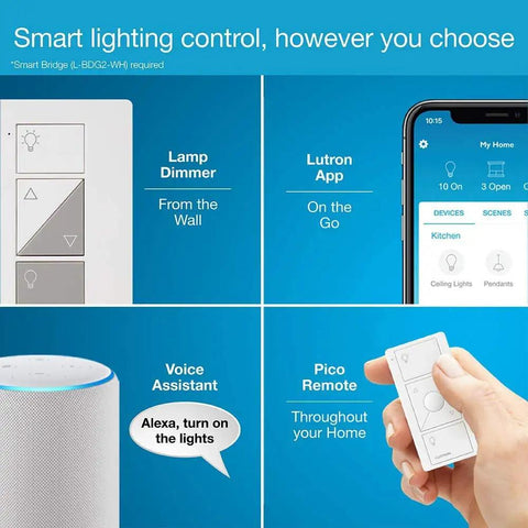Smart lighting control options with Caseta Plug In Smart Lamp Dimmer Switch For Floor And Table Lamps, hub required.