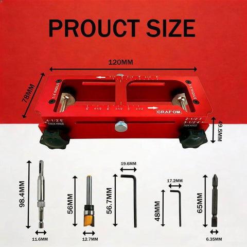Door Hinge Jig Kit For Router in red aluminum with various tool sizes displayed, including hex keys and drill bits.