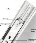 Close-up of stainless steel drawer runner with soft close slides showcasing buffer, lubricant, anti-disengagement device, and spring design.