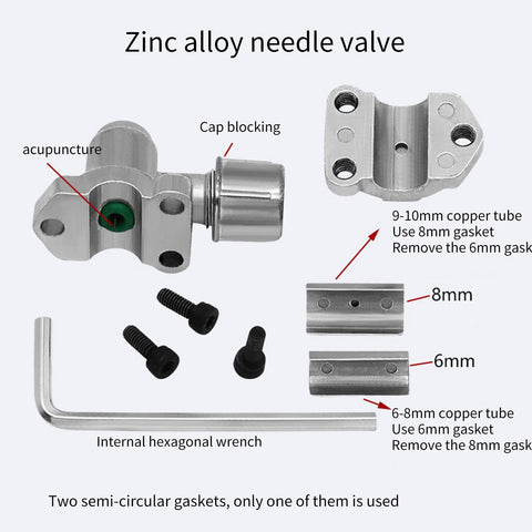 Front view of zinc alloy needle valve kit for refrigerator/AC lines; includes hex wrench and adapters.