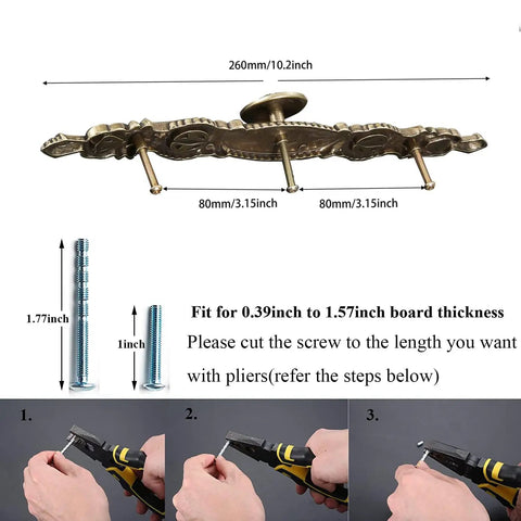 Vintage Antique Bronze Cabinet Pulls 10.2 Inch 5 Piece Set showing dimensions and screw cutting guide for installation.