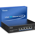 Beefed Up Five Port 10G Ethernet Switch with Auto Negotiation and Base T RJ45 Ports front view with box