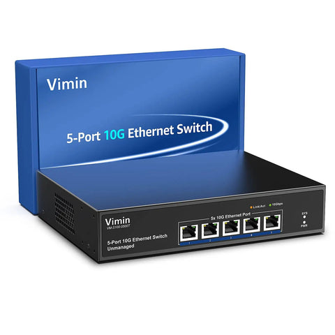 Beefed Up Five Port 10G Ethernet Switch with Auto Negotiation and Base T RJ45 Ports front view with box