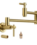 Gold Brass Pot Filler Faucet With Two Handles Wall Mount Single Hole Stretchable Swing Arm Double Joint Above Stove Kitchen Fixture