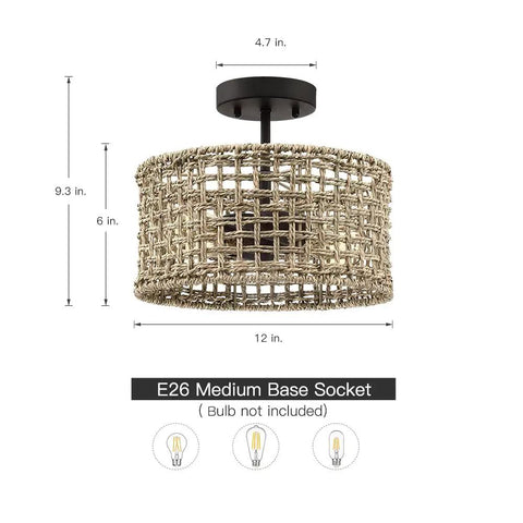Boho Rattan Drum Ceiling Light With Black Canopy, Two-Light 12 Inch Semi Flush Mount Fixture, handwoven seagrass and rattan shade