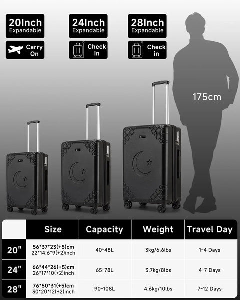 Expandable 20 Inch Carry On Luggage With Shock Absorbing Braking Spinner Wheels, Moon And Star Design, Size Comparison Chart