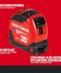 35-Foot Tape Measure For Solo Jobs, 14-Foot Reach, Extra Wide Blade, Durable Hook, Made In USA, red casing, side view