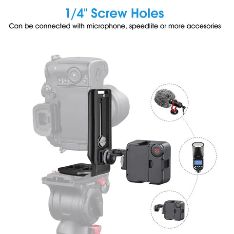 Versatile DSLR L Bracket For Quick Portrait To Landscape Swaps With Quick Release Plate mounted with accessories