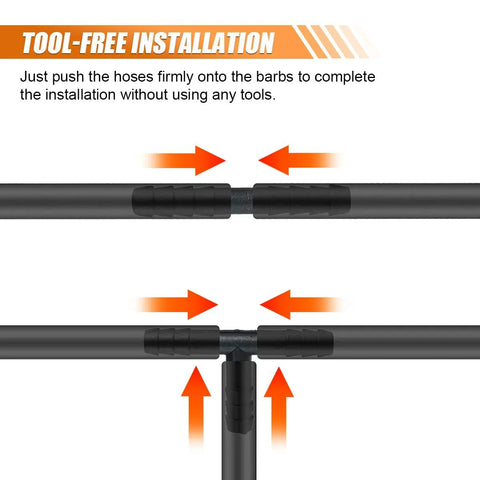 Nylon vacuum hose connector kit with barbed tees and straight reducers; 125‑pc set, installed view.