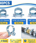 Fuel Line Hose Clamp Set 30 Piece Everyday Heavy Duty Multi Size Assortment Quarter Inch Five Sixteen Inch Three Eighth Inch Zinc Plated Steel Corrosion Resistant Adjustable Screw Clamps For Automotive Agricultural Industrial Plant And Construction image showing different clamp sizes and usage.