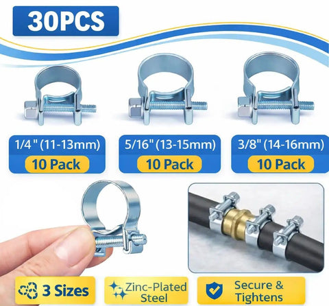 Fuel Line Hose Clamp Set 30 Piece Everyday Heavy Duty Multi Size Assortment Quarter Inch Five Sixteen Inch Three Eighth Inch Zinc Plated Steel Corrosion Resistant Adjustable Screw Clamps For Automotive Agricultural Industrial Plant And Construction image showing different clamp sizes and usage.