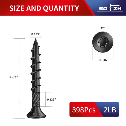 Diagram of No. 8 X 1-1/4 Inch Deck Screws Set, 398 Pieces, 2 Pound Carbon Steel, Black Epoxy Coated, showing screw dimensions.