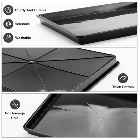 Close-up of black 5 Pack Pro-Grade Grower-Friendly Soil Blocking Trays For Seed Germination And Drainage Water Collection, 14x12x3 Inches, Durable BPA-Free Plastic Plant Flats showing sturdy, thick bottom design.