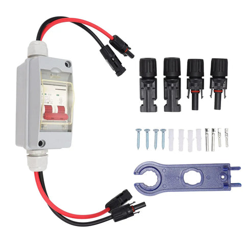 32A 500V PV DC Disconnect Switch MCB 2P Solar Breaker With IP65 Waterproof Distribution Box For Panel Cable And Connector Industrial Grade Outdoor Solar System Safety Switch Easy Install Kit Included.