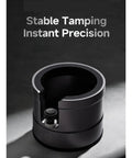 Adjustable Aluminum Alloy Espresso Portafilter Tamping Station Boss Level Holder on a countertop for precision tamping.