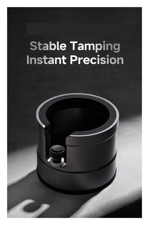 Adjustable Aluminum Alloy Espresso Portafilter Tamping Station Boss Level Holder on a countertop for precision tamping.