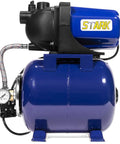 Side view of one point six HP shallow well pump booster system with tank for home garden lawn farm irrigation, matte black finish, 1000 GPH.