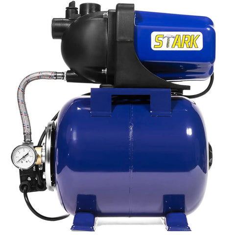 Side view of one point six HP shallow well pump booster system with tank for home garden lawn farm irrigation, matte black finish, 1000 GPH.