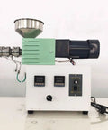 Built Tough 3D Printer Filament Maker Machine showing side view, green 90W motor, and digital control panel for filament production.