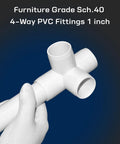Gloved hand holding One Inch PVC Fittings Four Way Elbow Connector Ten Pack Furniture Grade Built To Last Heavy Duty