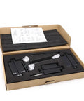 Matte Black 3D Adjustable Self Closing Hydraulic Hidden Door Hinge set in open packaging, with instructions, soft close