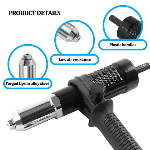 Cordless Car Rivet Gun Adapter Kit With 4 Rivet Heads featuring alloy steel tips, plastic handles, and drill adapter in product details view