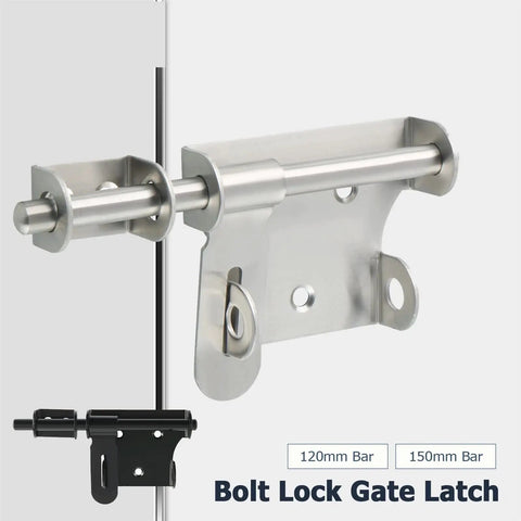 Heavy Duty Stainless Steel Gate Latch And Bolt For Wood Garden Fence Smooth Glider Security Bar attached to gate with bolts.