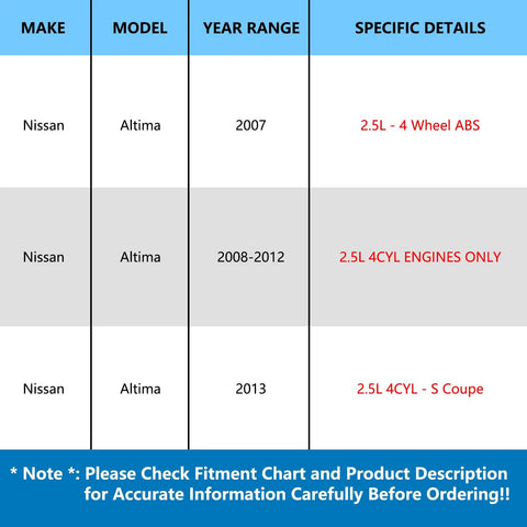 Fitment chart for Pair Front Wheel Hub Bearing For Nissan Altima 2007 Through 2013 2.5L 4-Cylinder Models Only With ABS Encoder.