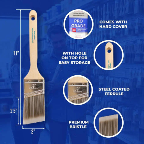 Infographic of 12 Pack 2 Inch Angle Paint Brushes with dimensions, steel ferrule, and bristles, ideal for trim and walls.