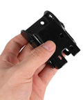 Hand holding black heavy duty folding hinge, part of the Heavy Duty Folding Hinges 2 Pack Self Locking 90 Degree Iron Hinges For Tables Workbenches Furniture Legs Home And Office Space Saving Multi Functional Easy To Install