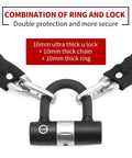 Heavy Duty Bike Chain Lock 160cm Long With 10mm Thick Manganese Steel Chain Anti Theft Security Rotating Lock Cylinder Includes 4 Keys And 16mm U Lock For Moped Scooter And Motorcycle, showing 16mm U-lock