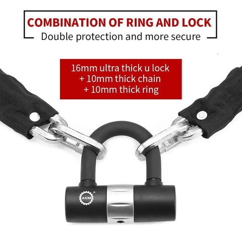Heavy Duty Bike Chain Lock 160cm Long With 10mm Thick Manganese Steel Chain Anti Theft Security Rotating Lock Cylinder Includes 4 Keys And 16mm U Lock For Moped Scooter And Motorcycle, showing 16mm U-lock