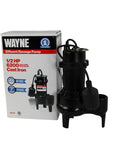 Beast Of A 1/2 HP Cast Iron Sewage Pump With Piggy Back Float Switch Heavy Duty Submersible Waste Pump next to packaging