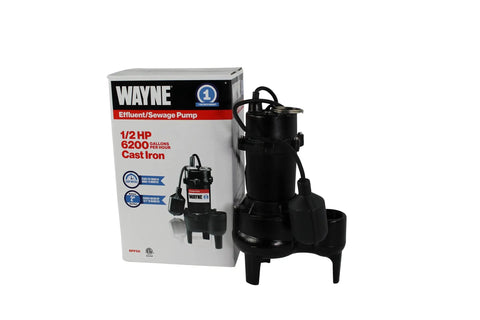 Beast Of A 1/2 HP Cast Iron Sewage Pump With Piggy Back Float Switch Heavy Duty Submersible Waste Pump next to packaging