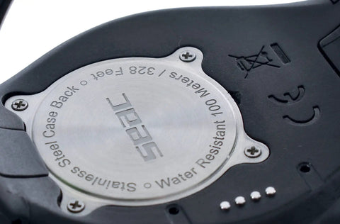 Back view of dive computer, stainless steel case, 328 feet water resistant, Get Your Hands On This Awesome Scuba And Freediving Dive Computer