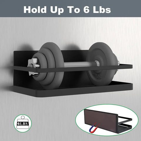 Heavy Duty Magnetic Spice Rack For Fridge Side holding a spice container with gray coating on black shelf, space-saving design.