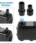Water Fountain Pump With LED Lights 15W For Aquariums And Ponds, 260GPH Flow shows removable nozzles and power specifications.