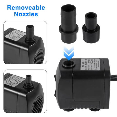 Water Fountain Pump With LED Lights 15W For Aquariums And Ponds, 260GPH Flow shows removable nozzles and power specifications.