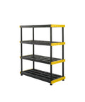 4-Tier Heavy Duty Plastic Garage Storage Shelves For No-Fuss Organization And Space Saving, Rugged Multi Shelf Rack To Tidy Tools, Gear, And Containers, Easy Assembly, Ideal For Workshop Or Home Garage, black and yellow 4-tier shelf