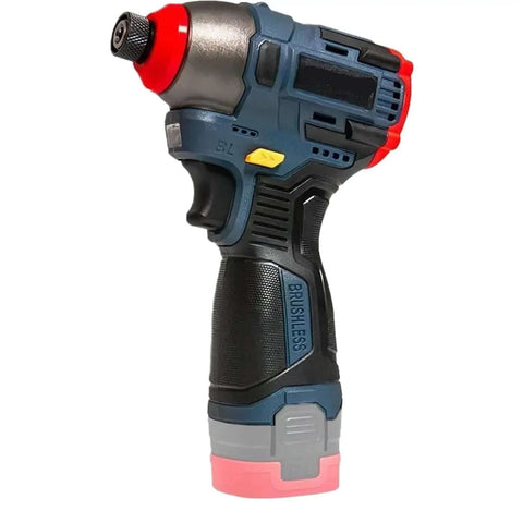 Badass Heavy Duty Cordless Brushless Electric Drill Delivering 140Nm Torque Kickass Brushless Motor Metal Chuck Impact Driver in close-up view.