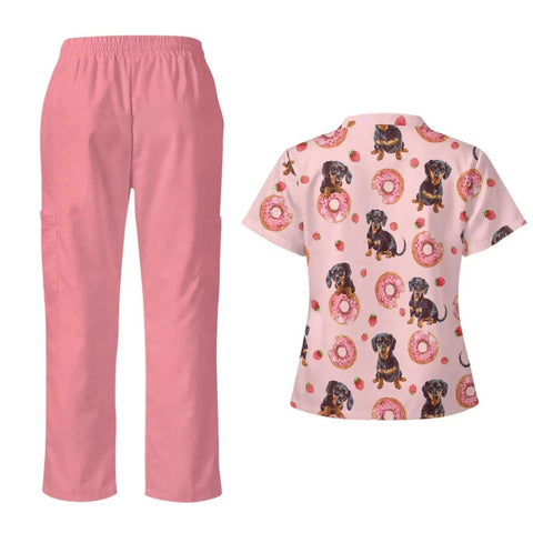 Dachshund Print Scrubs Set For Women All Day Comfort Tops And Pants Multi Profession Nurse Uniform with pocket design