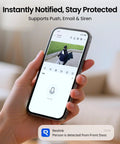 Phone screen showing Solar Powered 2K 5MP Outdoor Security Camera With Night Vision And Smart Human And Car Detection app alert