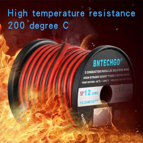 Ultra Flexible 12 Gauge Two Conductor Silicone Wire Spool Red Black For LED Strip Extension Cable 600V 200C Tinned Copper 50Ft