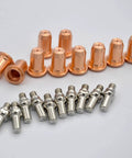 Premium 24-Piece Plasma Cutting Consumables Kit For PT40 CUT55 CUT65 Torches displaying copper nozzles and silver electrodes.