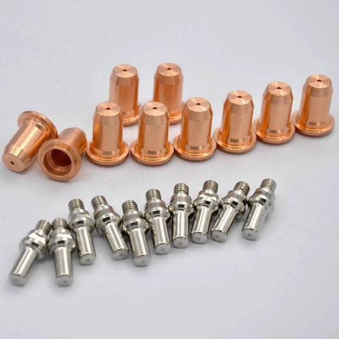 Premium 24-Piece Plasma Cutting Consumables Kit For PT40 CUT55 CUT65 Torches displaying copper nozzles and silver electrodes.
