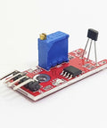 KY-024 Linear Magnetic Hall Effect Sensor Module with Analog and Digital Outputs for Raspberry Pi, ESP8266 on white background.