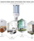 Killer Bright Daylight LED Corn Bulb 200W Equivalent, E26 Base shown with usage examples in various indoor settings.