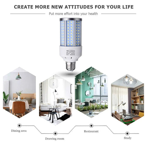 Killer Bright Daylight LED Corn Bulb 200W Equivalent, E26 Base shown with usage examples in various indoor settings.