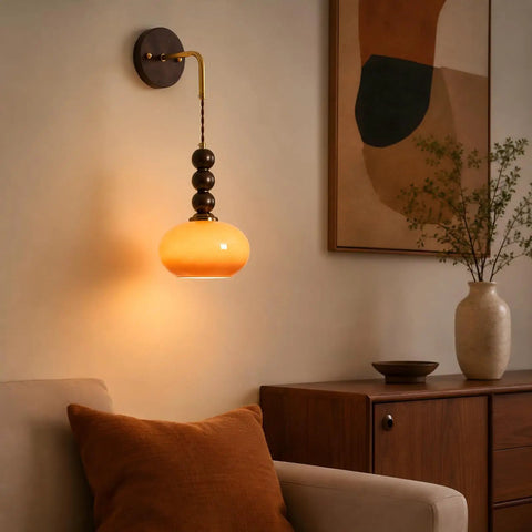 Flyrose Set of 2 Vintage Caramel Glass Wall Sconces Mid Century Modern Lamp with wooden accents in cozy living room setting.